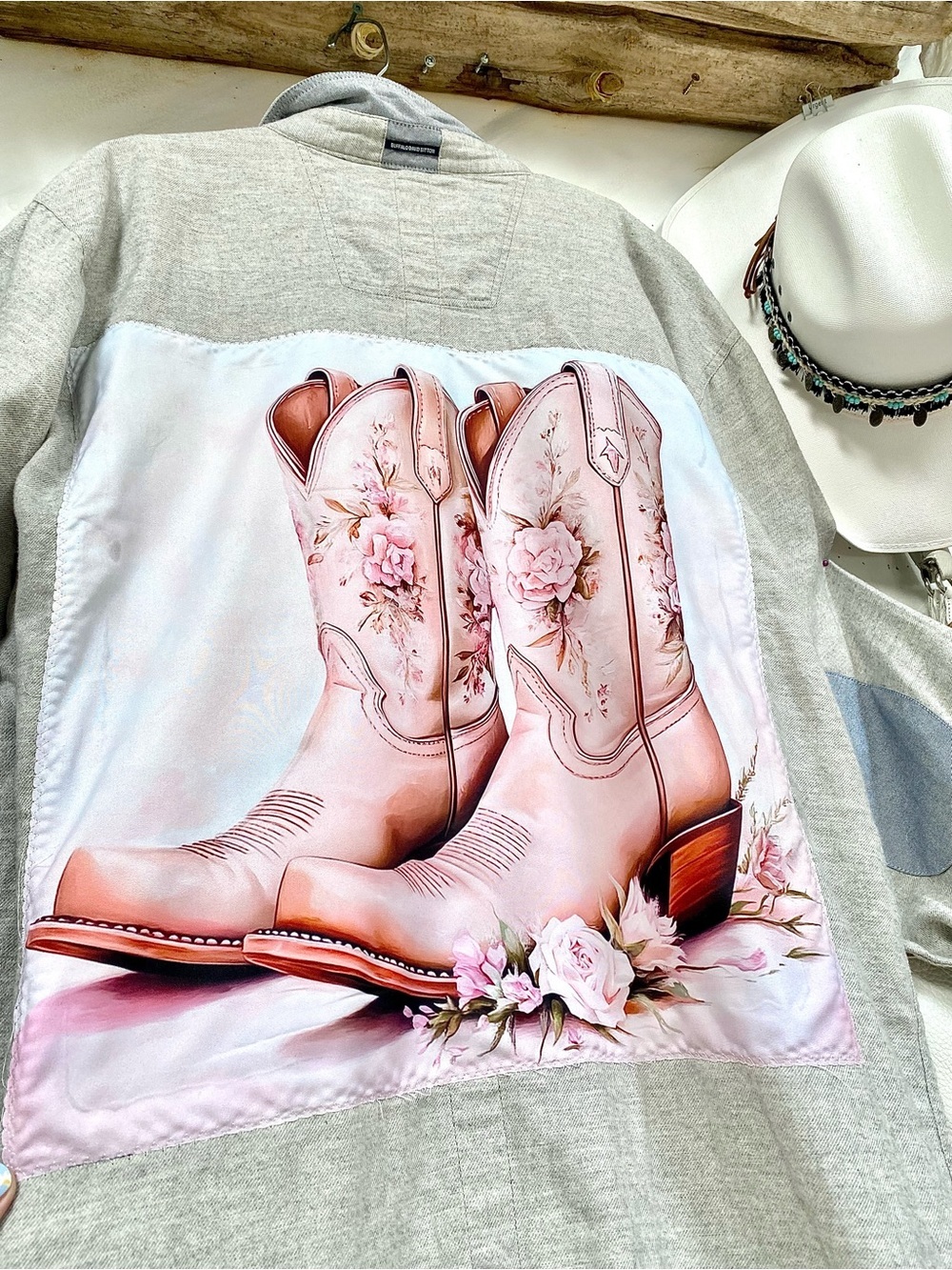 Upcycled Western boots floral back accent on boyfriend shirt farmhouse vibe